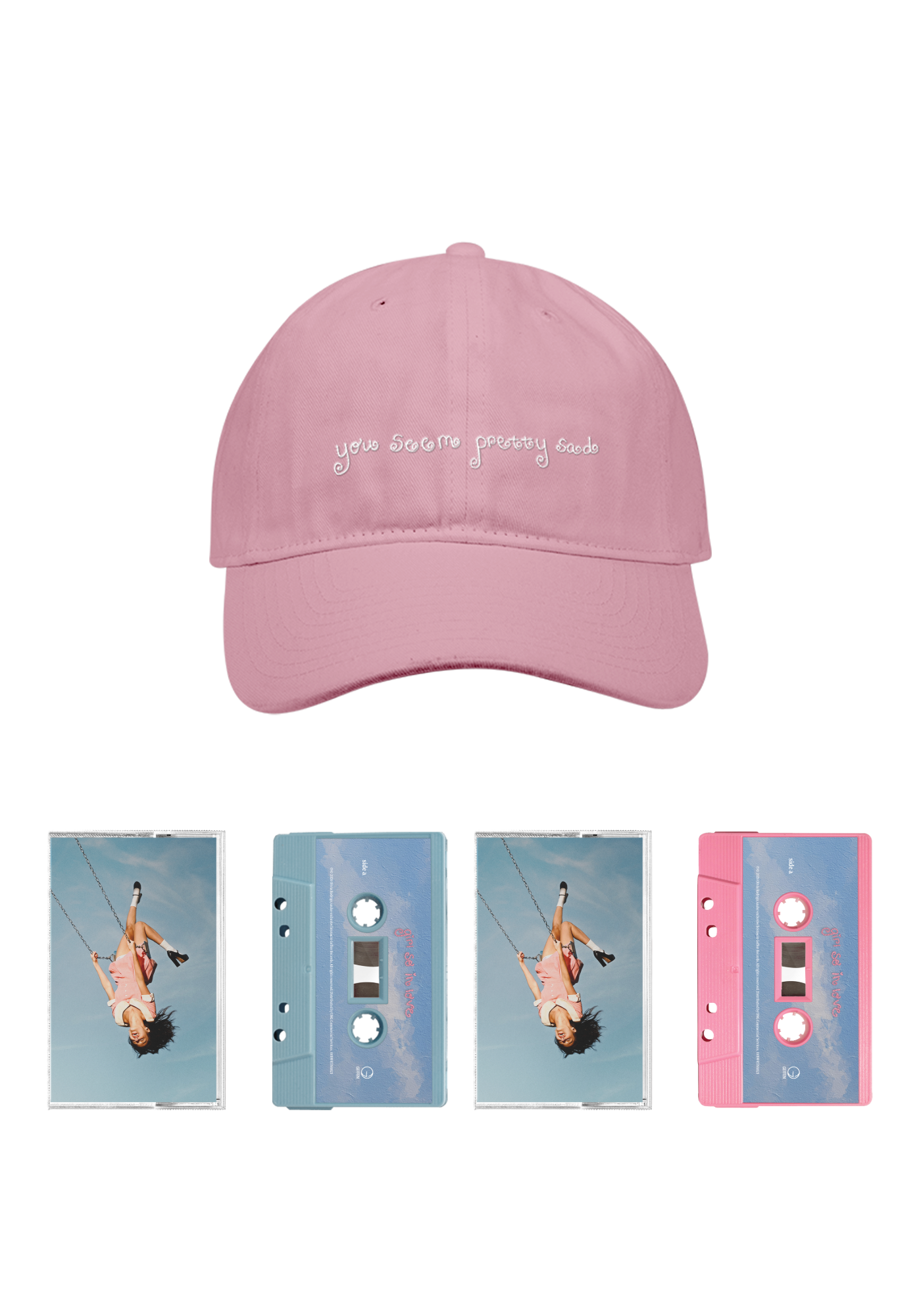 album embroidered hat, baby pink cassette & baby blue cassette bundle