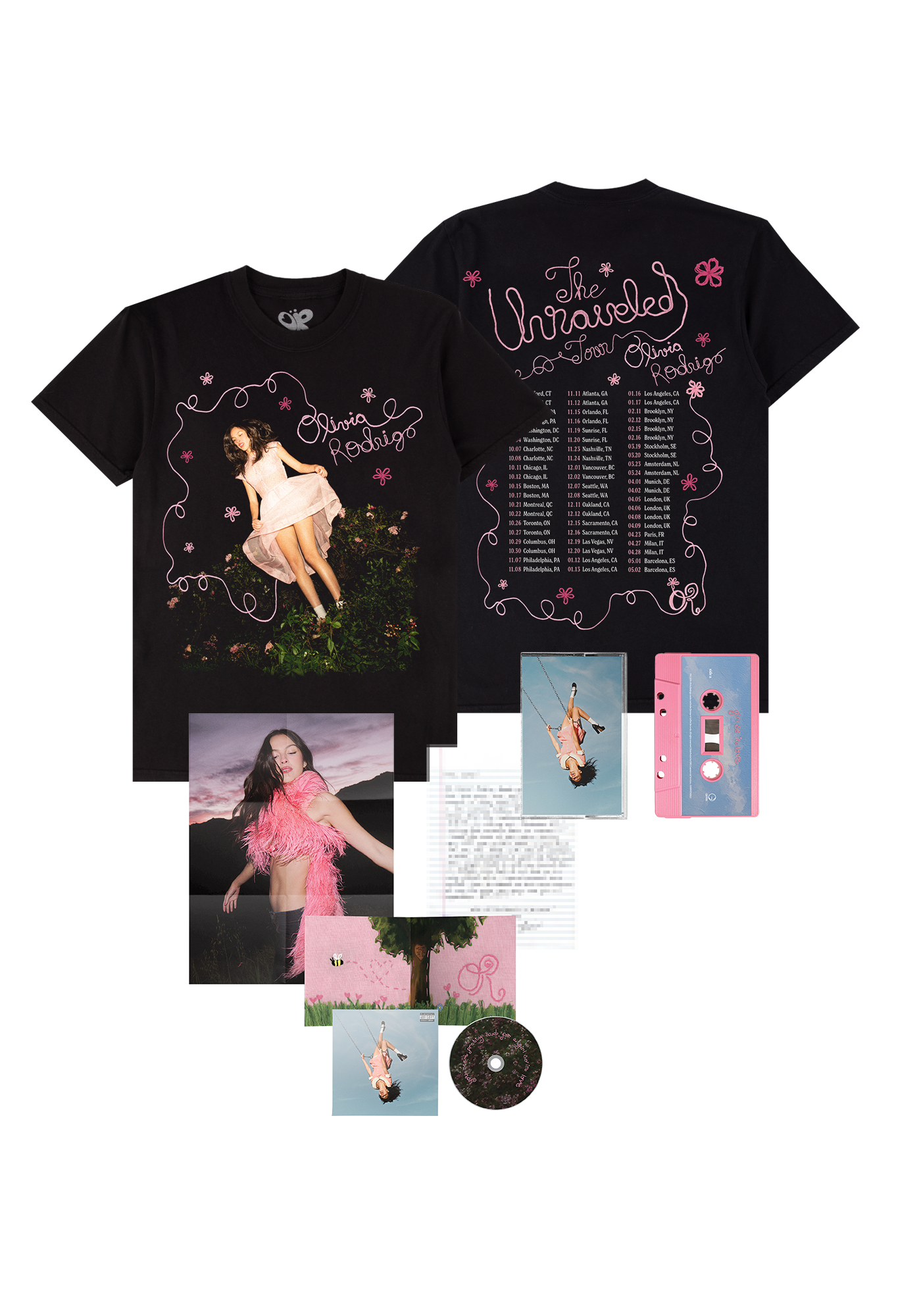 the unraveled tour t-shirt, uk exclusive cd with letter & baby pink cassette bundle